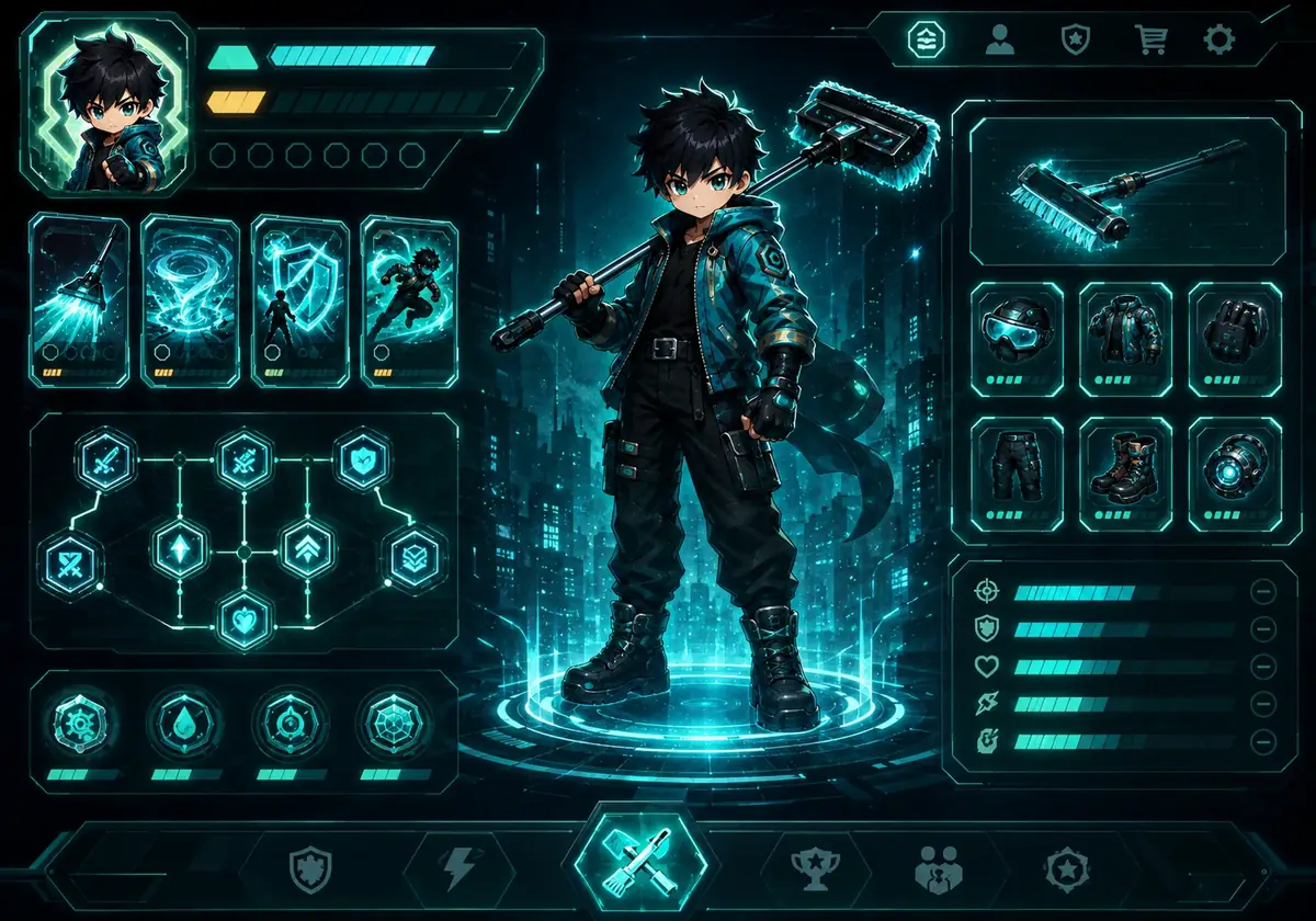 Character upgrade grid inspired by the PRIME CLEANING CREW game identity