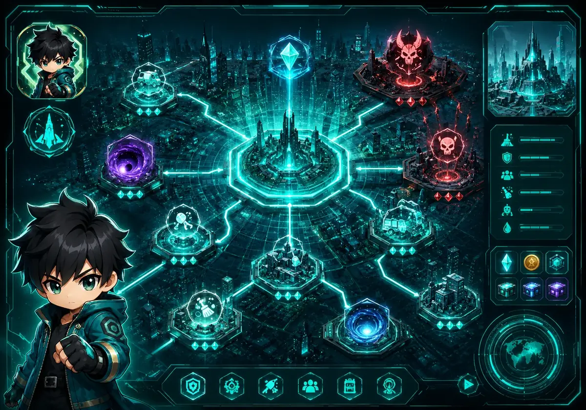 Neon game zone map showing connected mission rooms